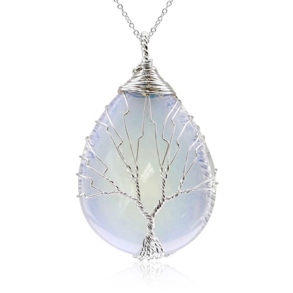 Silver Wire Tree of Life Opalite Teardrop Pendant Necklace